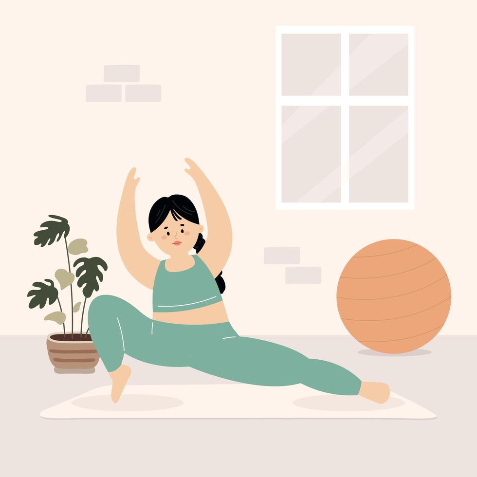 Hand Drawn Illustration of Female Overweight Practicing Yoga. Flat style exercising concept vector