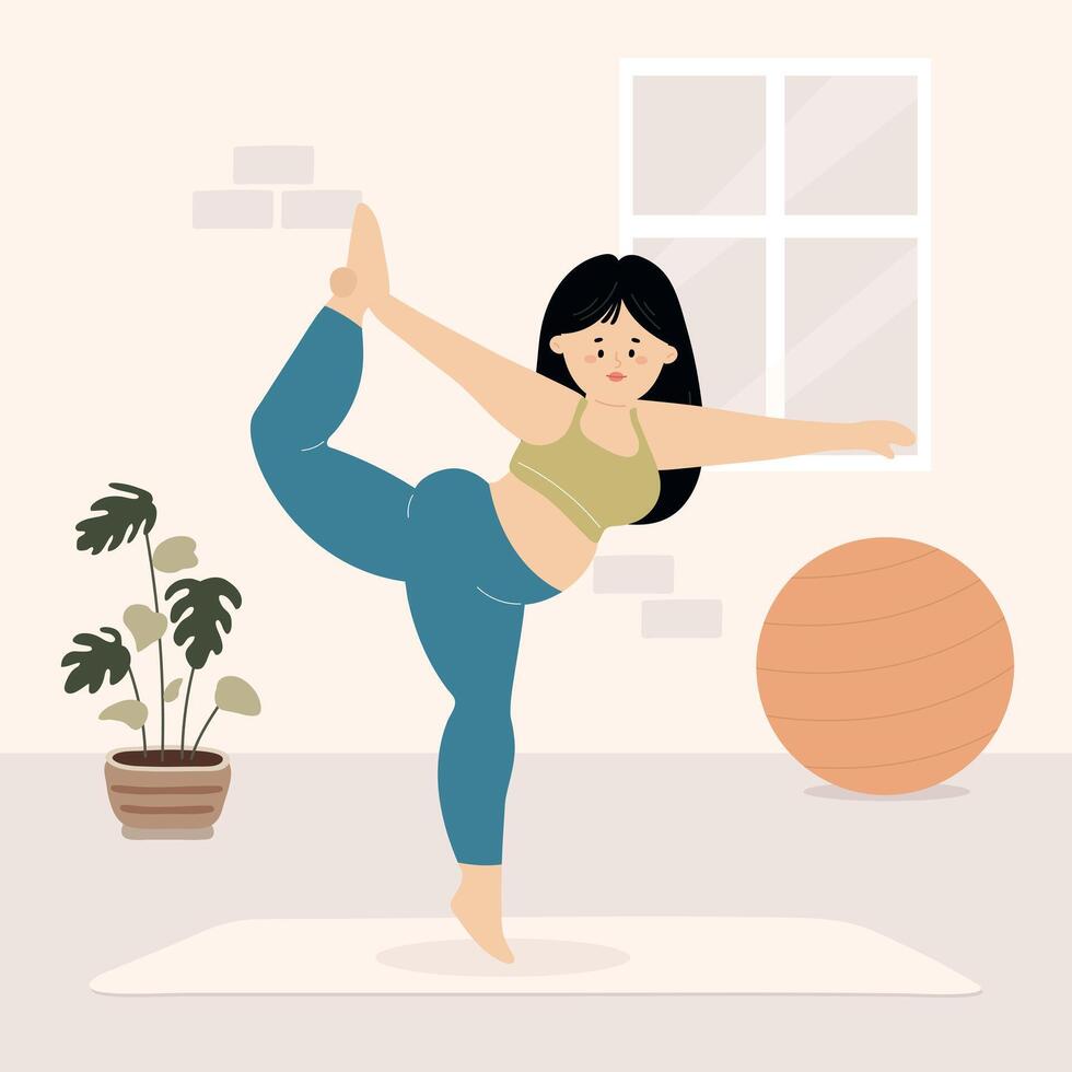 A woman is doing yoga in a room with a potted plant and a ball vector