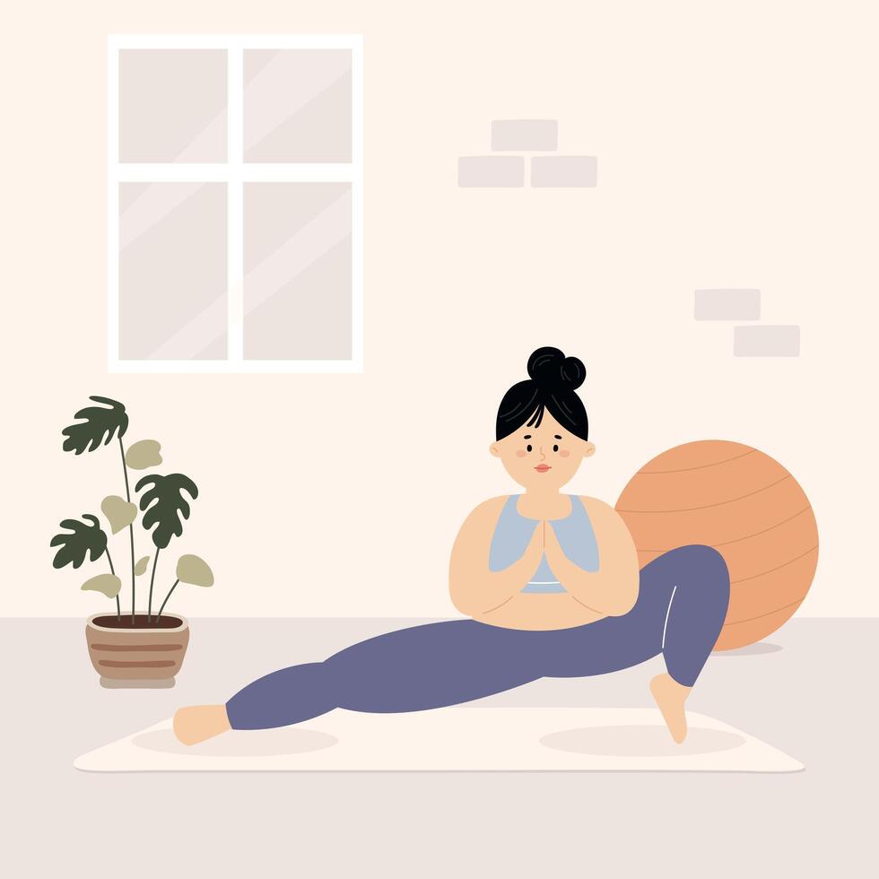 Plus Size Active Young Woman Practicing Yoga at Home. Exercise for body stretch. vector