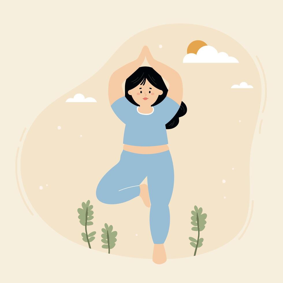 Woman Plus Size Practicing Yoga in Tree Pose Hand Drawn Illustration vector