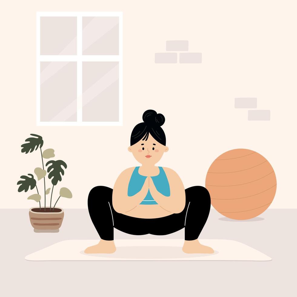 Young Fit Woman Practicing Yoga in a Home Setting. Garland Yoga pose vector