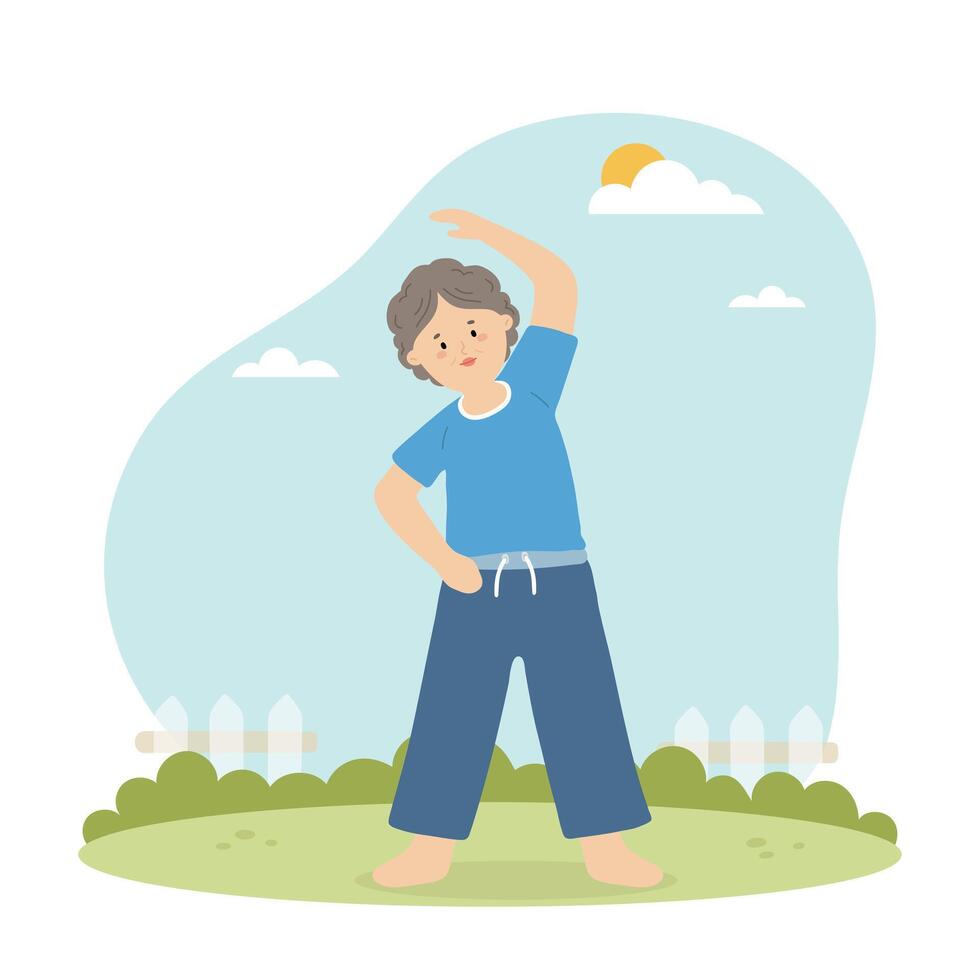 An Elderly Woman Stretching Outdoors in a Park with Clear Blue Sky vector