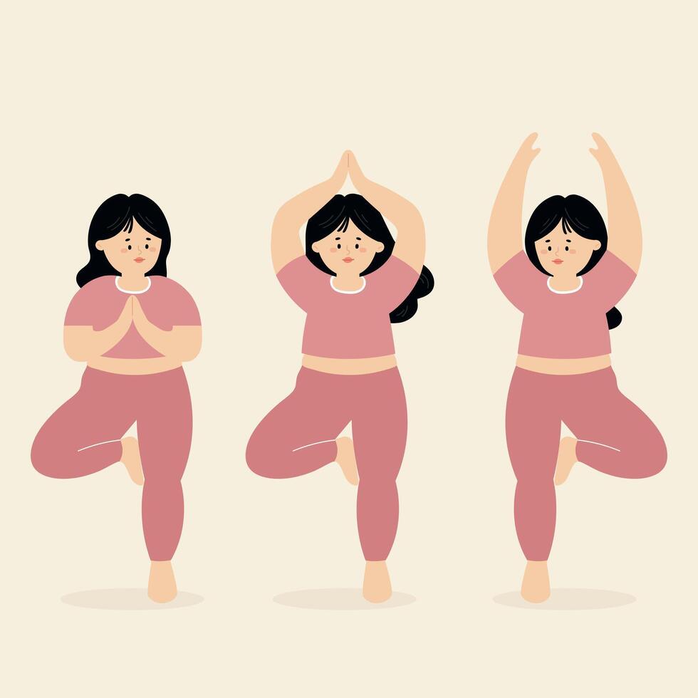 Plus Size Female Doing Yoga Poses in Tree Pose Exercise wearing Pink Sportwear vector
