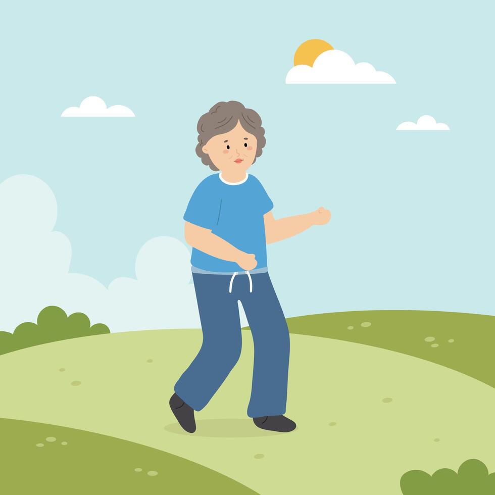 A Senior Woman Jogging at The Park in a Nice Sunny Weather Morning vector