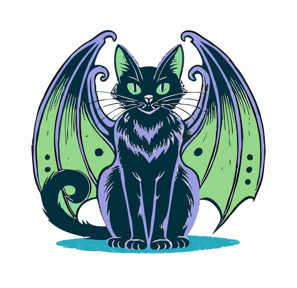 Gothic Black Cat with Green and Purple Bat Wings vector