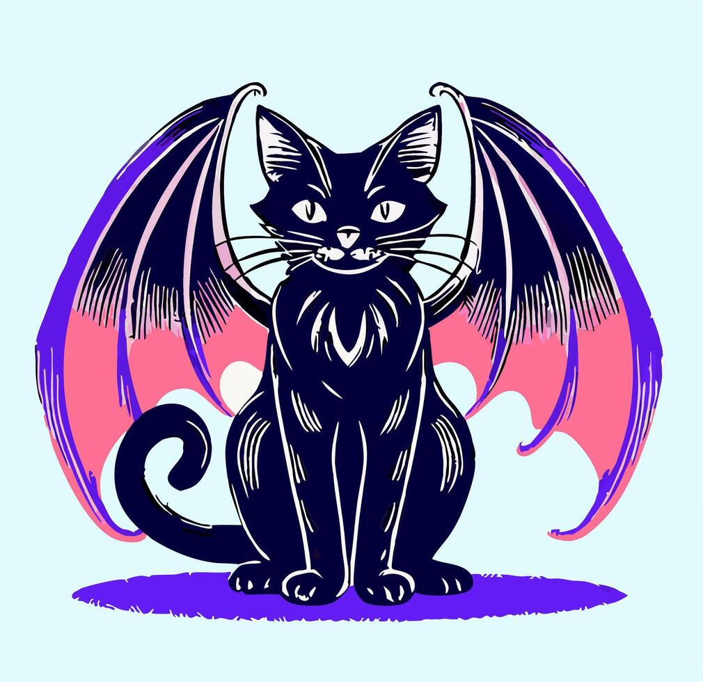Black Cat with Pink and Purple Bat Wings Halloween Graphic vector