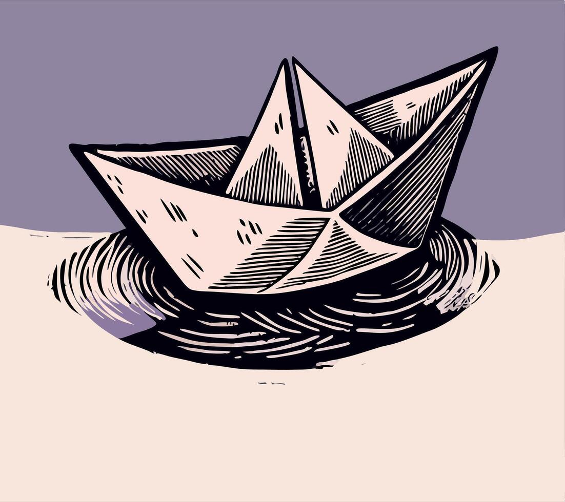 Paper Boat on Water Hand Drawn Illustration vector