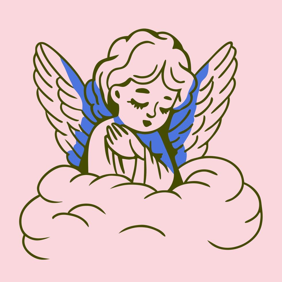 Cute Praying Angel on Cloud, Cartoon Style Illustration vector