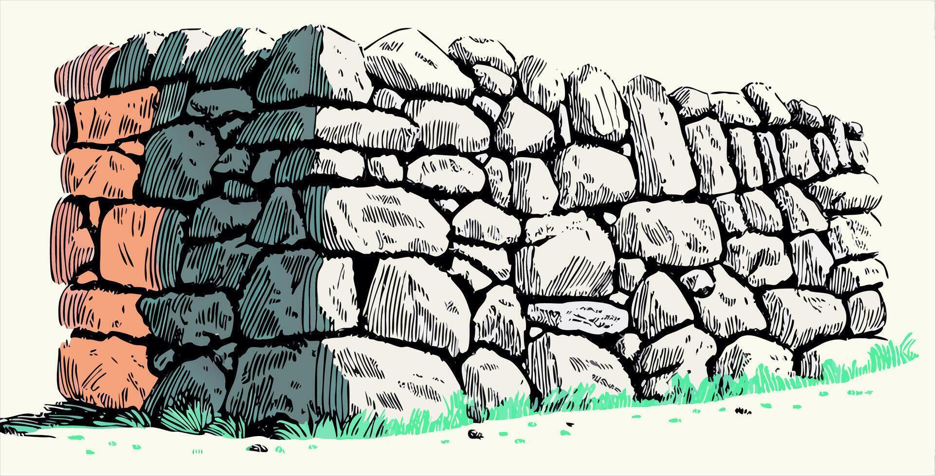 Stone Wall Illustration Dry Stone Wall with Brick Section vector