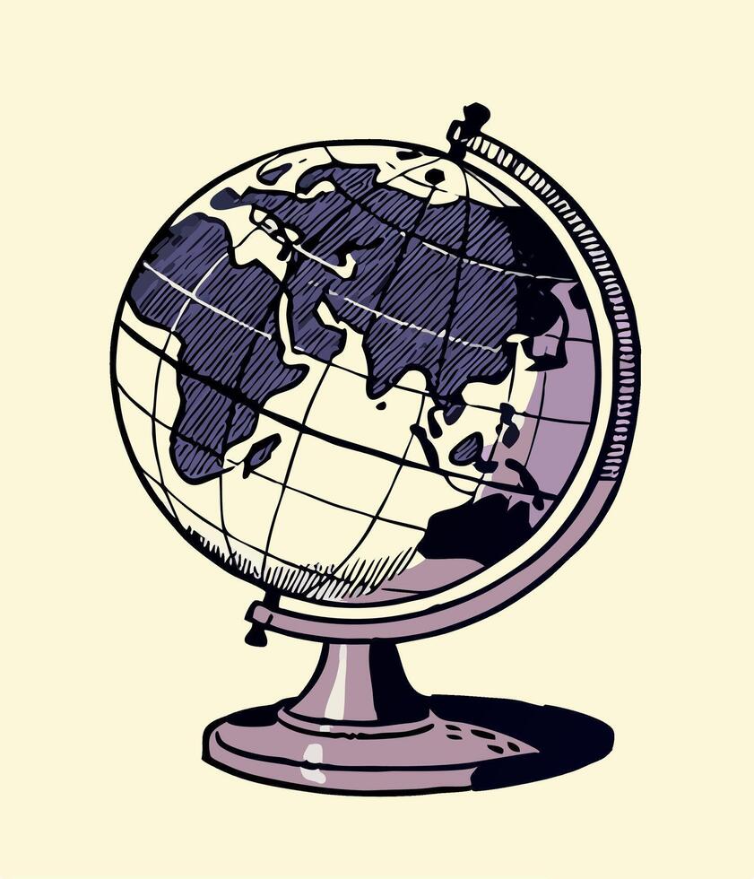 Hand Drawn Globe Illustration World Map on Vintage Stand vector
