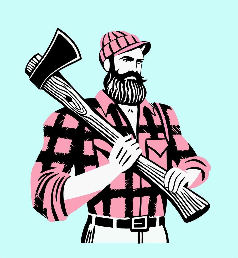 Stylish Lumberjack with Axe Pink Plaid Shirt, Retro Design vector
