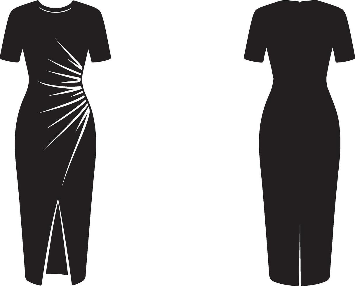 Elegant Black Midi Sheath Dress with Ruched Front and Slit Front and Back View vector