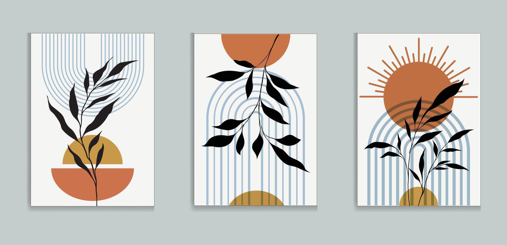 Abstract sun moon poster set. Contemporary minimalist backgrounds modern boho style. Mid century wall decor vector