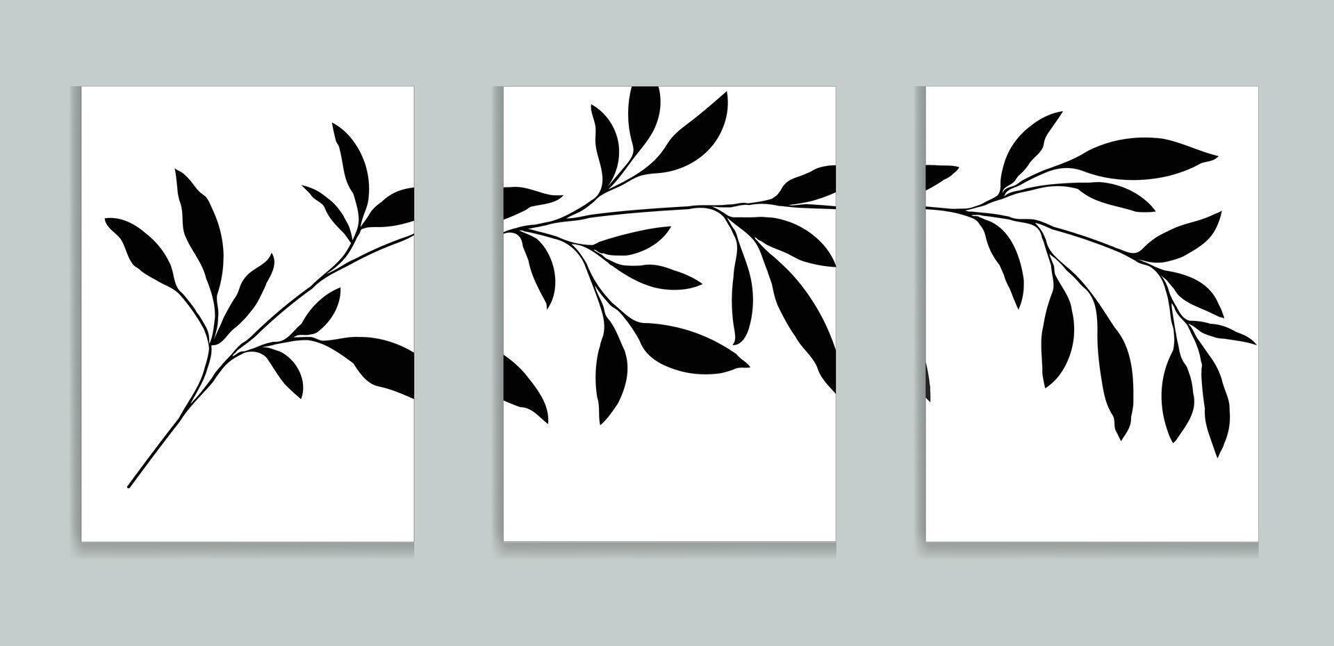 Elegant Botanical Triptych Minimalist Black Leaf Prints neutral wall art vector
