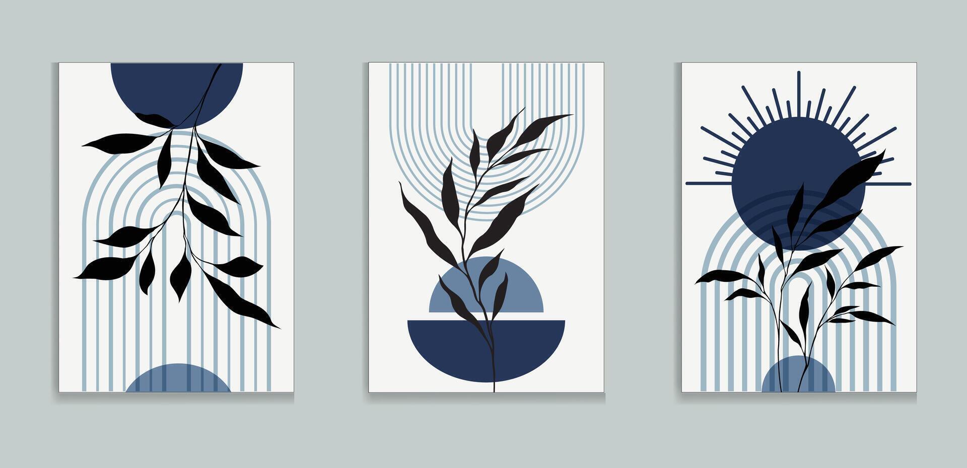Blue Boho Wall Art Set 3 Pieces of Posters Abstract Boho Rainbow Prints Boho Artwork Mid Century Modern Neutral Green Wall Decor vector