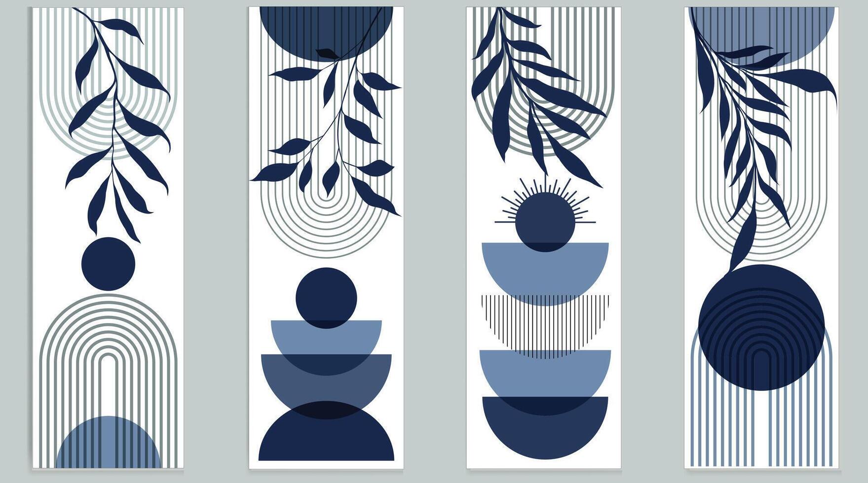 Blue Boho Wall Art Set 4 Pieces of Posters Abstract Boho Rainbow Prints Boho Artwork Mid Century Modern Neutral Green Wall Decor vector