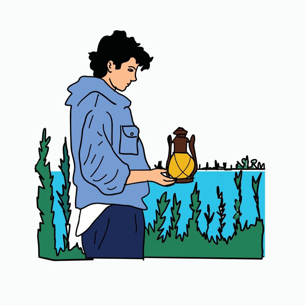 young people walking carrying Kerosene oil lamps. Cartoon Style Illustration vector