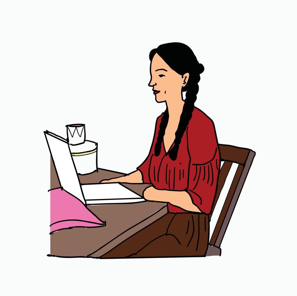 teenage girl studying at home in front of laptop. Cartoon Style Illustration vector