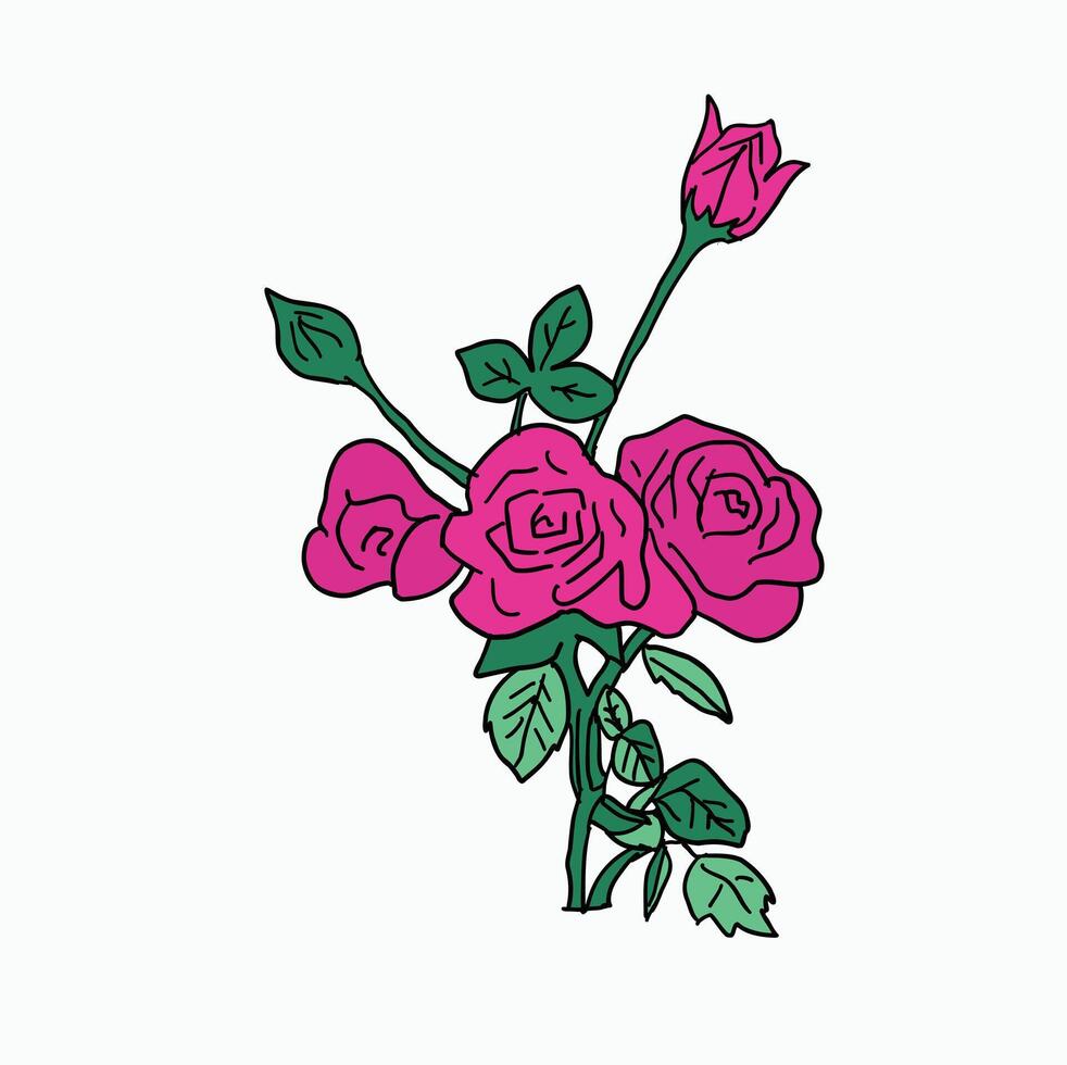roses with green stems and leaves. Cartoon Style Illustration vector