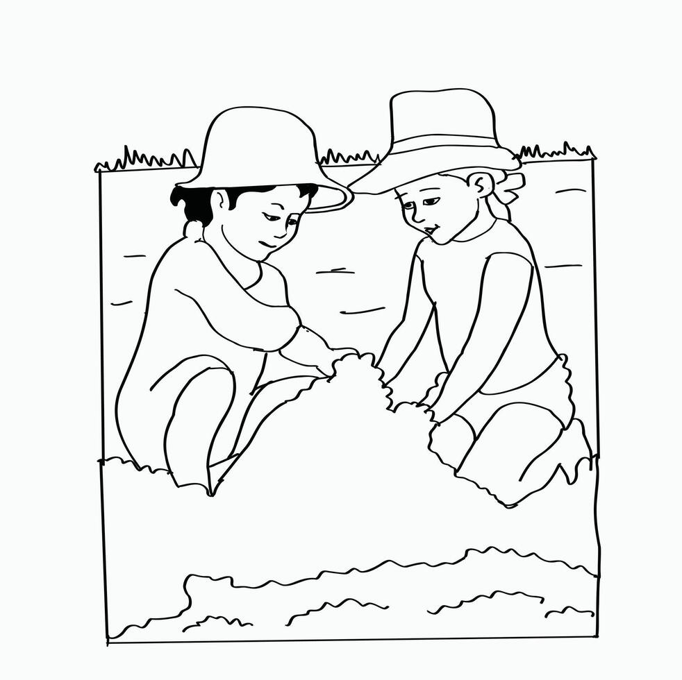 black and white line. two little kids wearing hats playing in the sand. Cartoon Style Illustration vector
