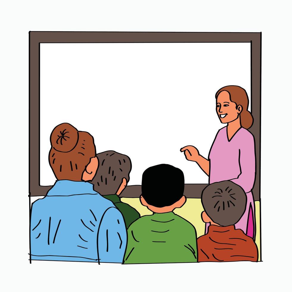 the teacher explains to his students in front of the class. Cartoon Style Illustration vector