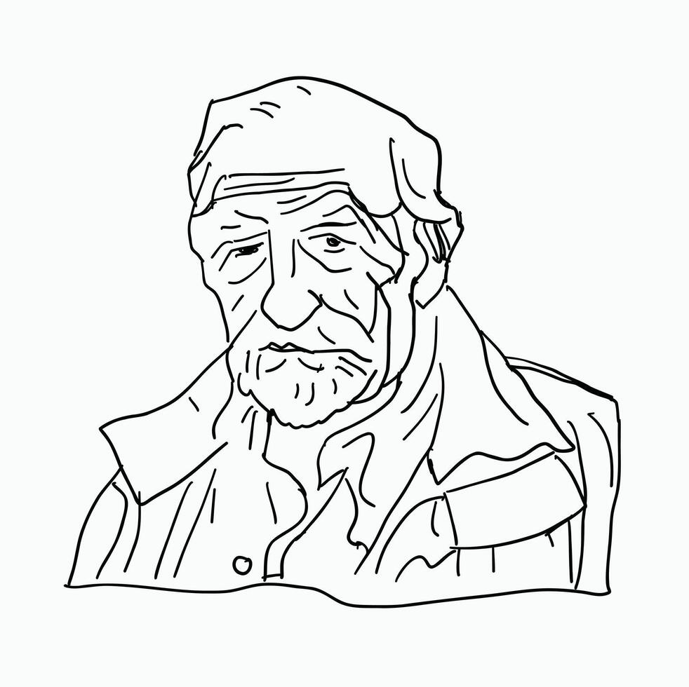 black and white line. old man in white turban. Cartoon Style Illustration vector