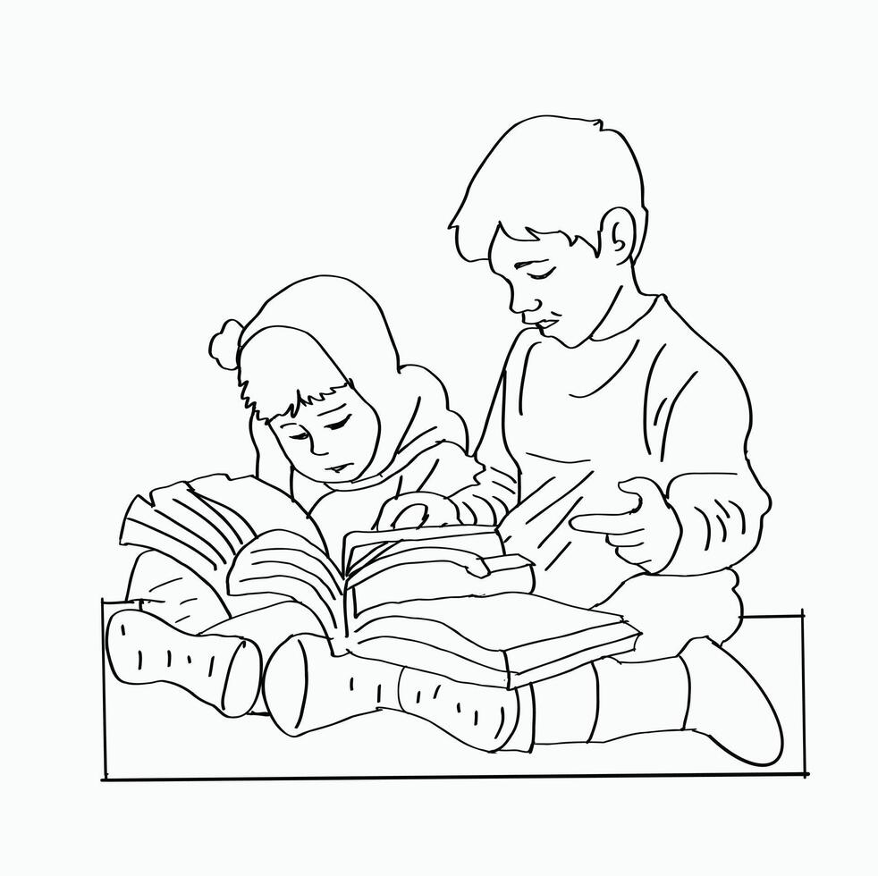 black and white line. brother and sister reading book. Cartoon Style Illustration vector