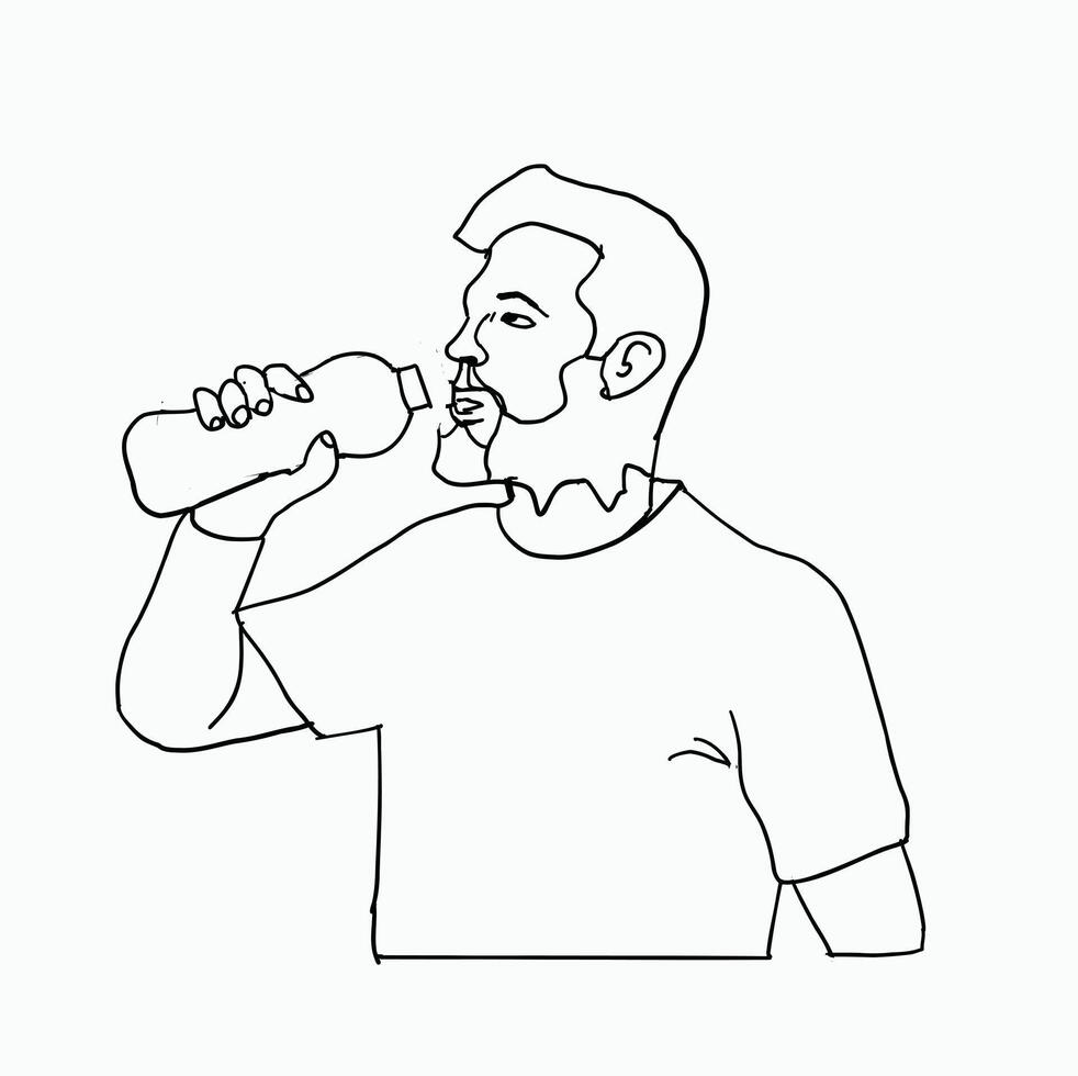 black and white line. man drinking mineral water. Cartoon Style Illustration vector