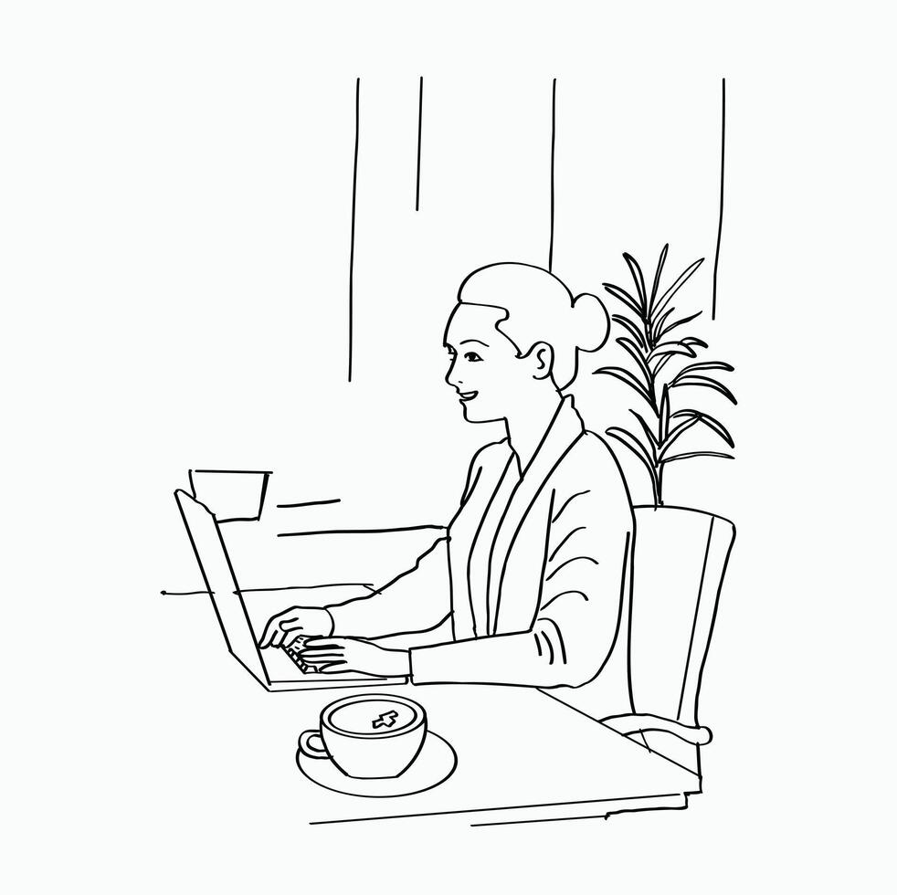 black and white line. woman in the office in front of a laptop with a cup of coffee on the table. Cartoon Style Illustration vector