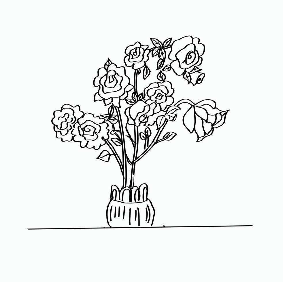black and white line. beautiful roses in a vase. Cartoon Style Illustration vector