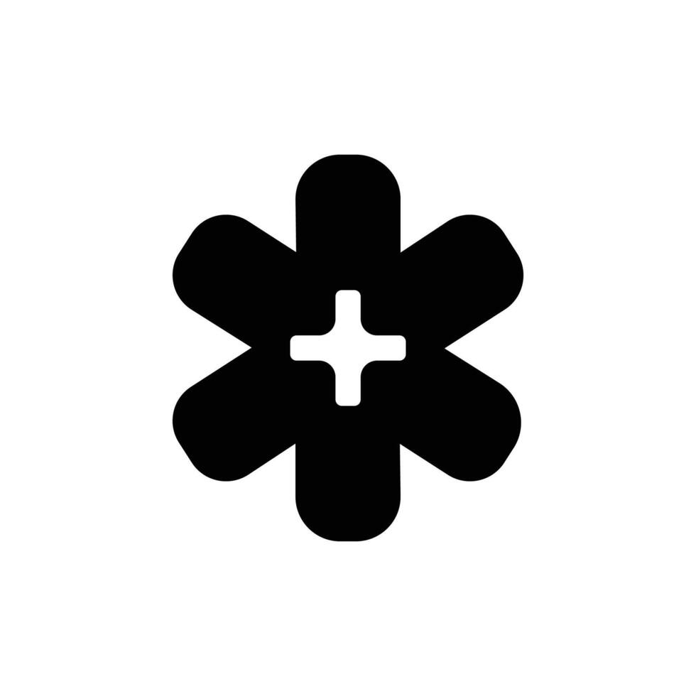 A simple black and white icon depicting the Star of Life with a plus sign in the center. Represents medical aid, healthcare, and emergency services. vector