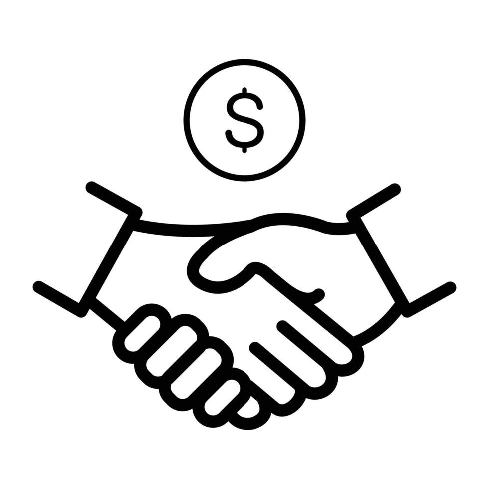 Icon depicting a handshake with a dollar coin symbolizing a financial deal or agreement. vector