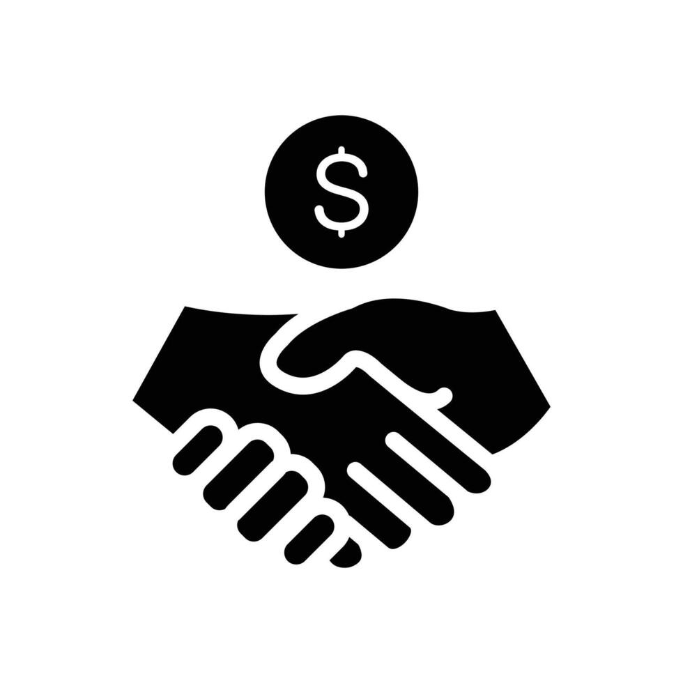 Black icon symbolizing a financial transaction or business deal, depicted by a handshake and a dollar sign. vector