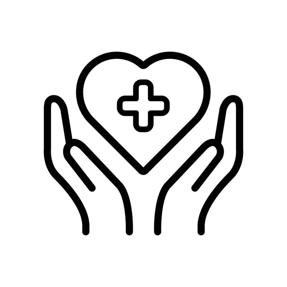 Icon depicting hands gently holding a heart with a cross, symbolizing healthcare and protection. vector