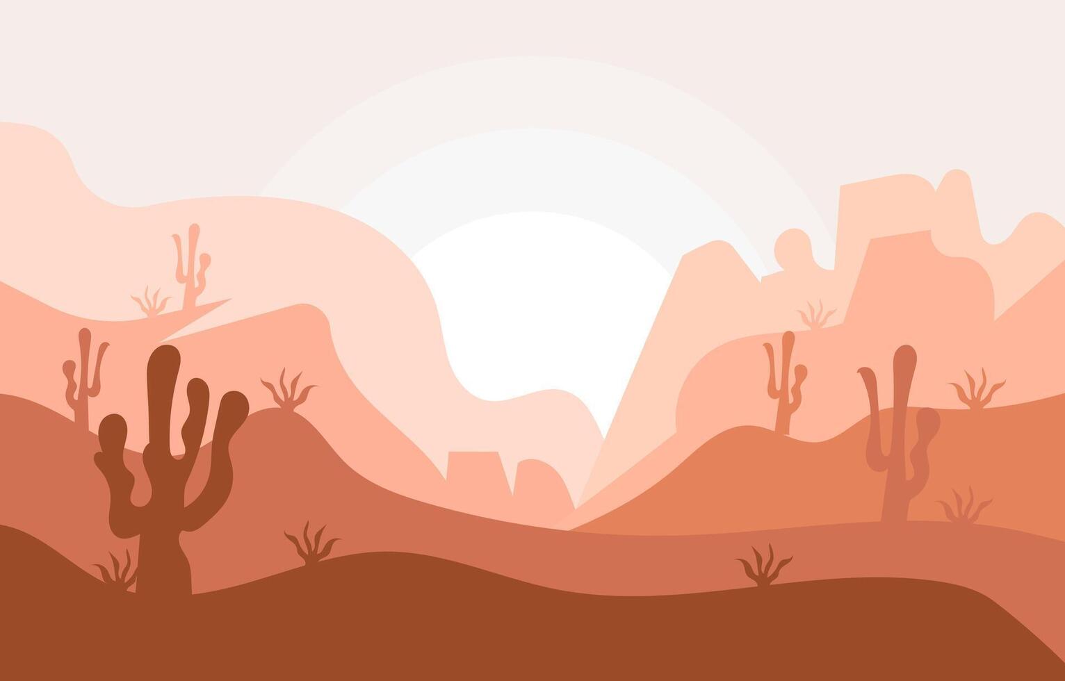 Desert Landscape Sunset Hues, Cactus Silhouettes, Rolling Hills vector
