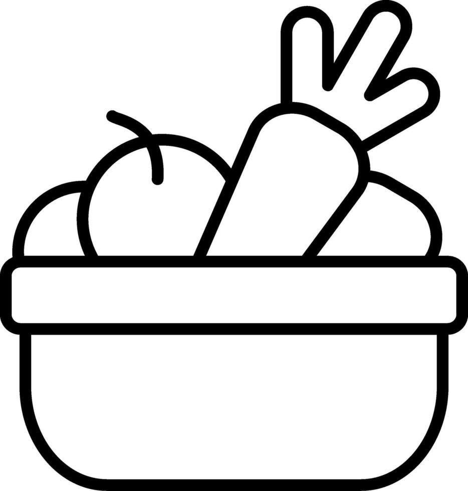 A black and white illustration of a basket with fruit and vegetables vector