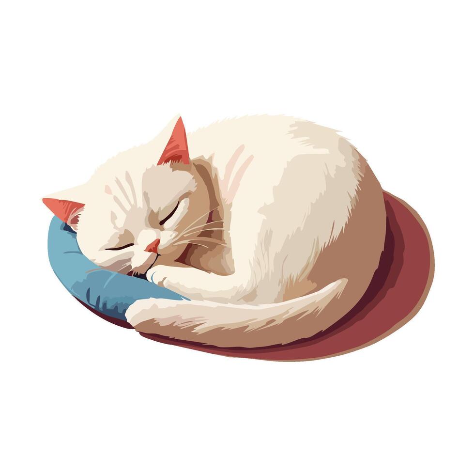 White cat sleeping on a blue pillow vector