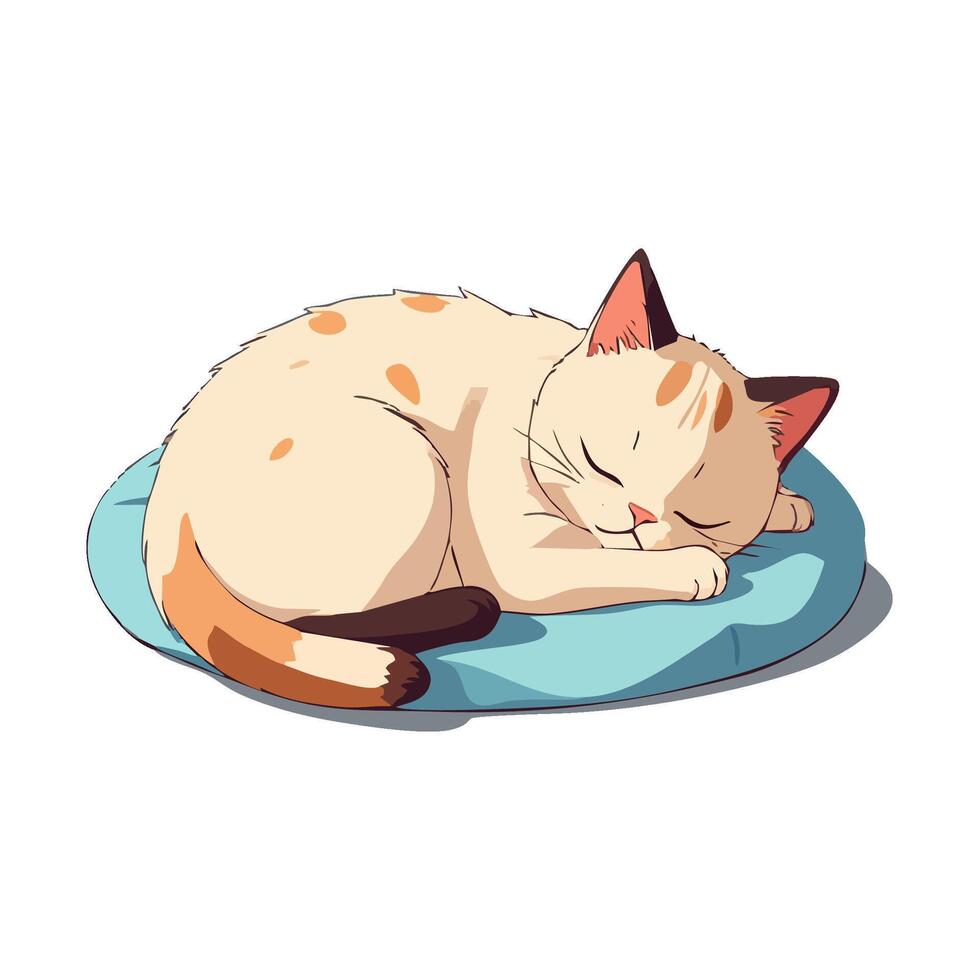 Sleeping calico cat on a blue pillow vector