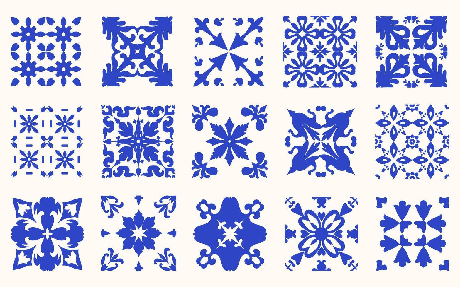 Set of Mediterranean blue tiles. Portuguese azulejo tiles pattern. Ceramic tiles with Italian stylized pattern. Flower patterns, abstract leaves, and ornamental shapes. vector