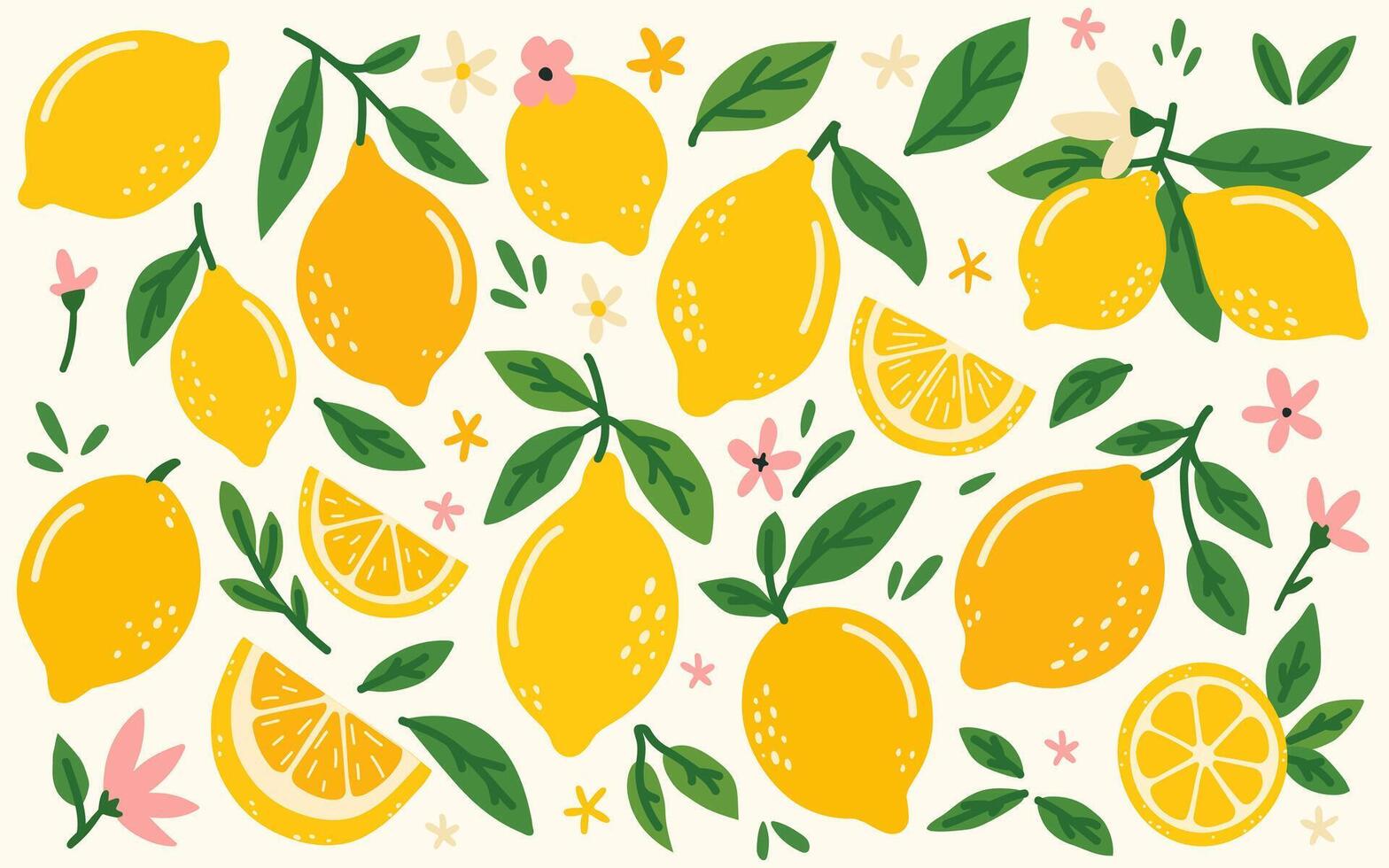 Set of different lemons. Hand drawn lemons in doodle style. Cut, lemon slices, whole, lemon flowers and leaves. Vegetarian healthy food and vitamin C. vector