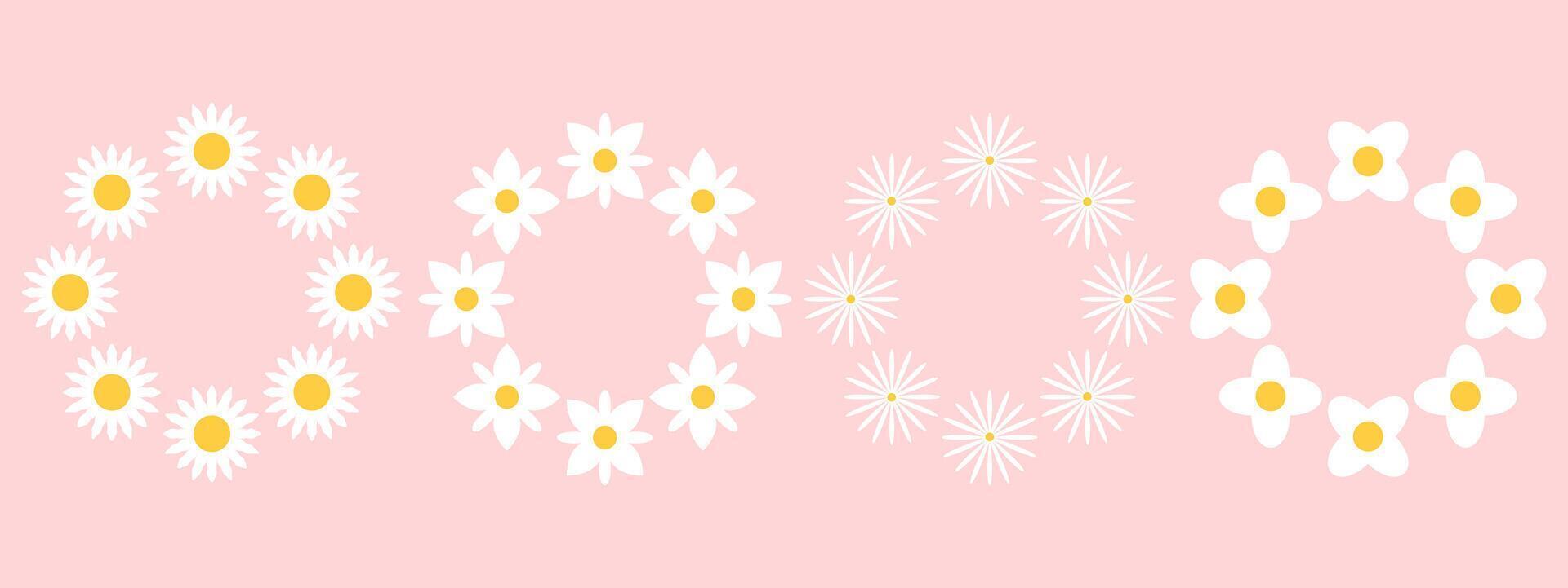 Set of round frames with white groovy daisy flowers on pink background. Retro geometric spring flowers. Clockwork simple set of flowers. For greeting card, poster, banner, social media. vector