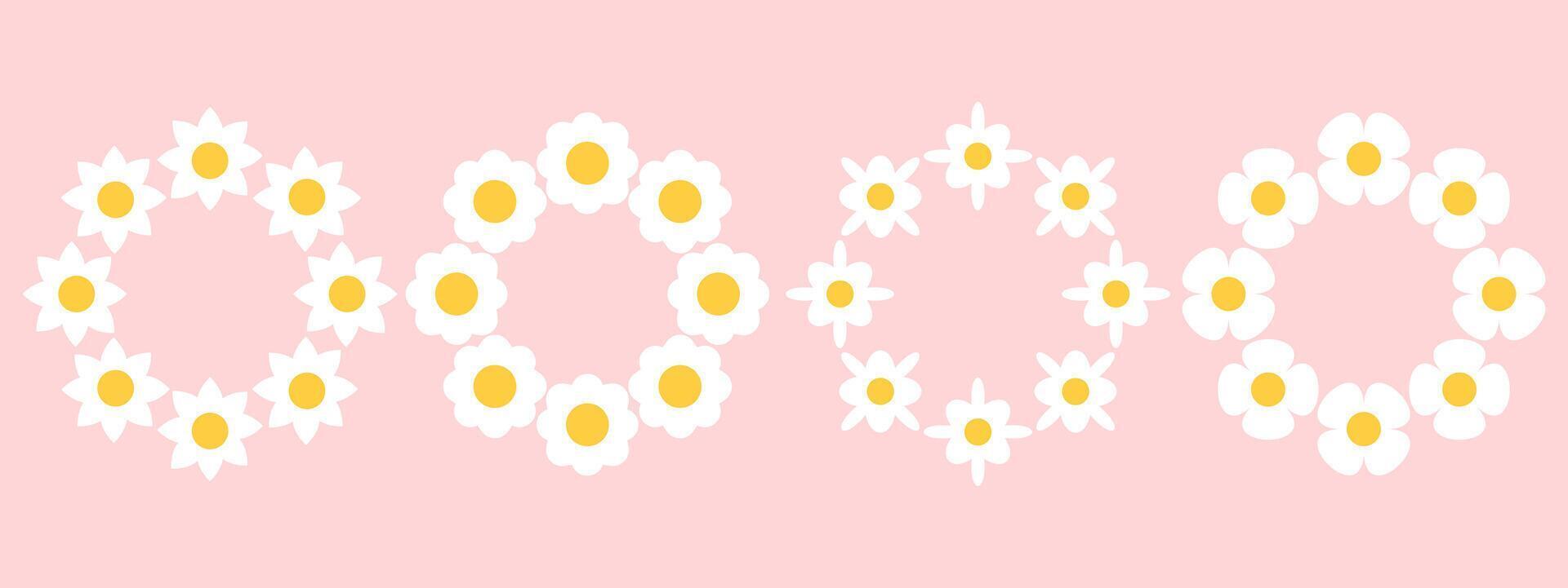 Set of round border with white groovy daisy flowers on pink background. Retro geometric spring flowers. Clockwork simple set of flowers. For greeting card, poster, banner, social networks. vector