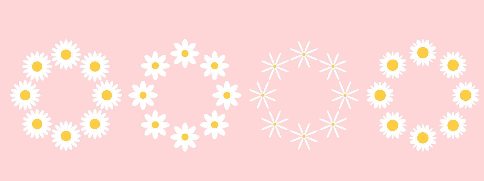 Set of round frames with white groovy daisy flowers on pink background. Retro geometric spring flowers. Clockwork simple set of flowers. For greeting card, poster, banner, social networks. vector