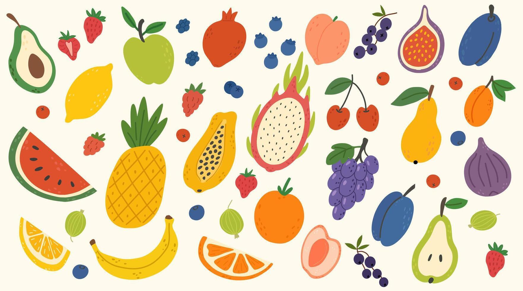 Set of various tropical fruits. Hand drawn colorful fruits and berries in doodle style. Banana, pineapple, peach, strawberry, raspberry, pear, pineapple, lemon, orange, dragon fruit, avocado, papaya vector