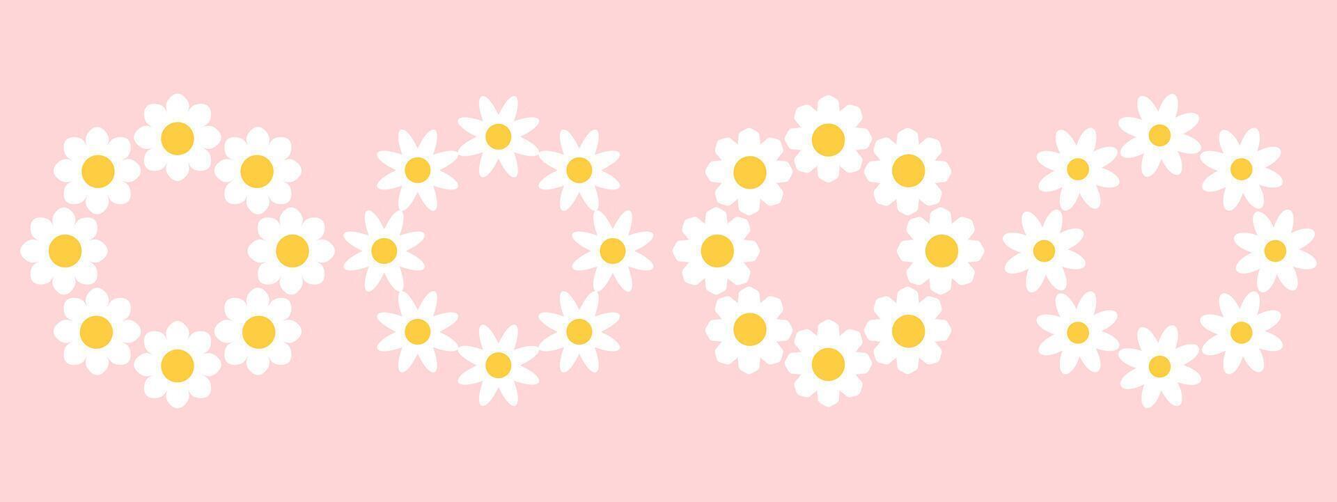 Set of round frames with white groovy daisy flowers. Retro geometric spring flowers. Clockwork simple set of flowers. For greeting card, poster, banner, social networks. vector