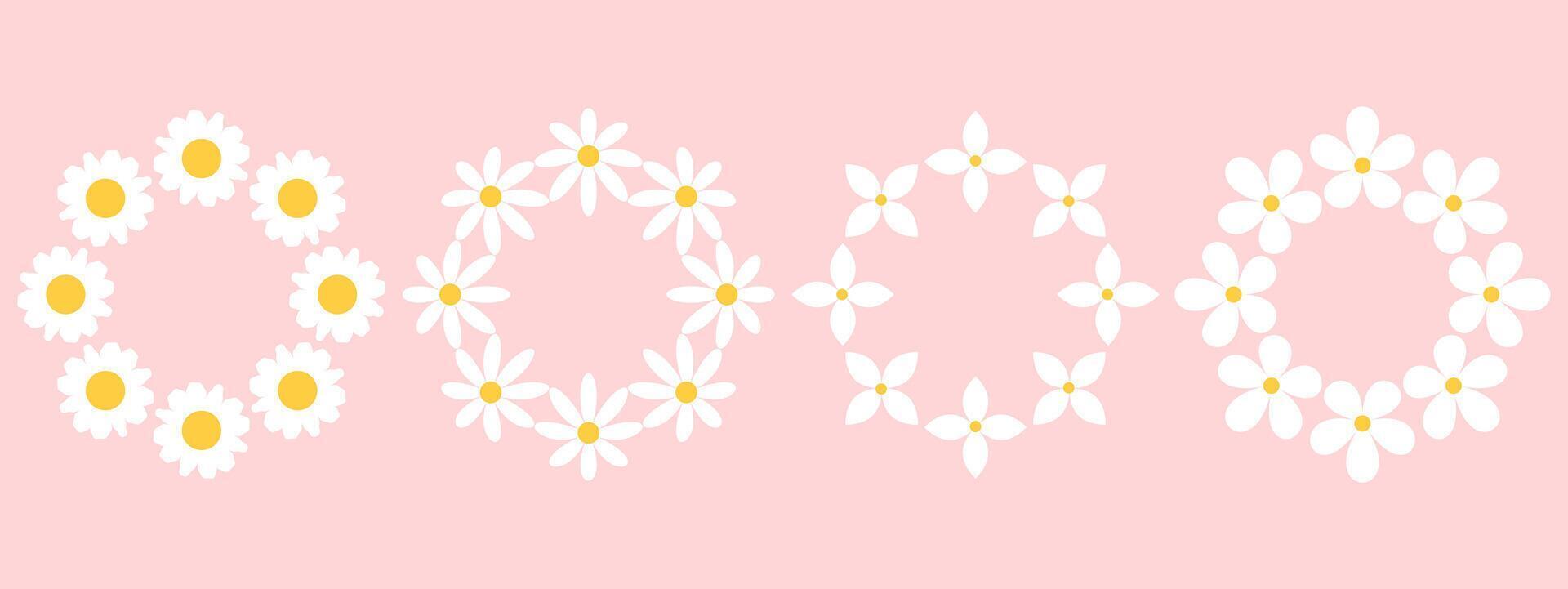 Set of round frames with white daisy flowers on pink background. Retro geometric spring flowers. Clockwork simple set of flowers. For greeting card, poster, banner, social networks. vector
