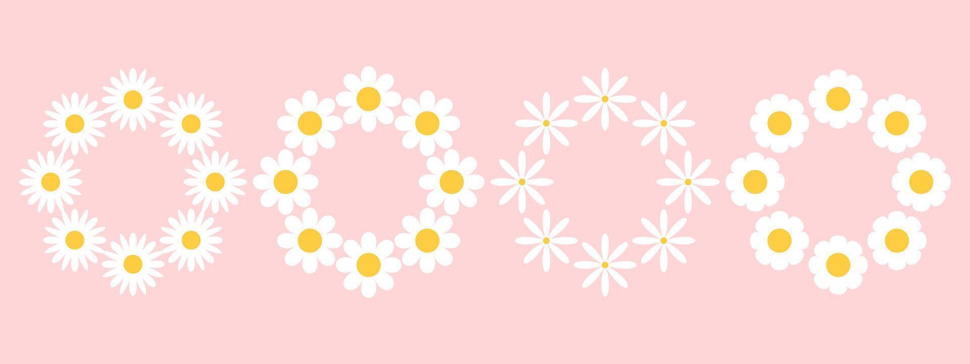 Set of frames with white groovy daisy flowers on pink background. Retro geometric spring flowers. Clockwork simple set of flowers. For greeting card, poster, banner, social networks. vector