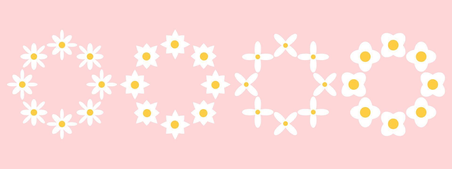 Set of round frames with daisy flowers on pink background. Retro geometric spring flowers. Clockwork simple set of flowers. For greeting card, poster, banner, social networks. vector