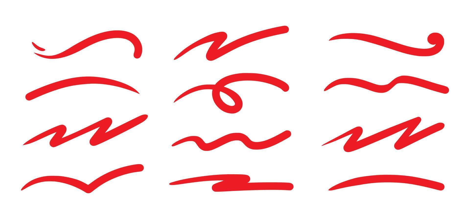 Red squiggle brush scribble underline. Marker pen emphasis highlight red swoosh stroke. swoosh brush underline set for accent, marker emphasis squiggle element vector