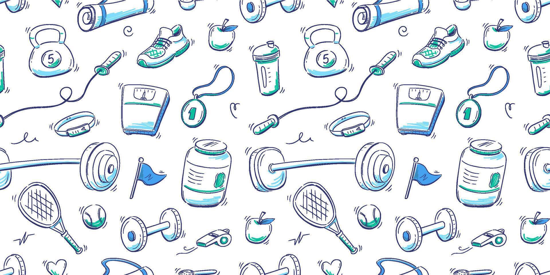 Doodle gym sketch health seamless pattern background. Hand drawn sketch doodle healthy sport, gym fit exercise equipment background. Seamless pattern tennis ball, bottle, dumbbell. Illustration vector
